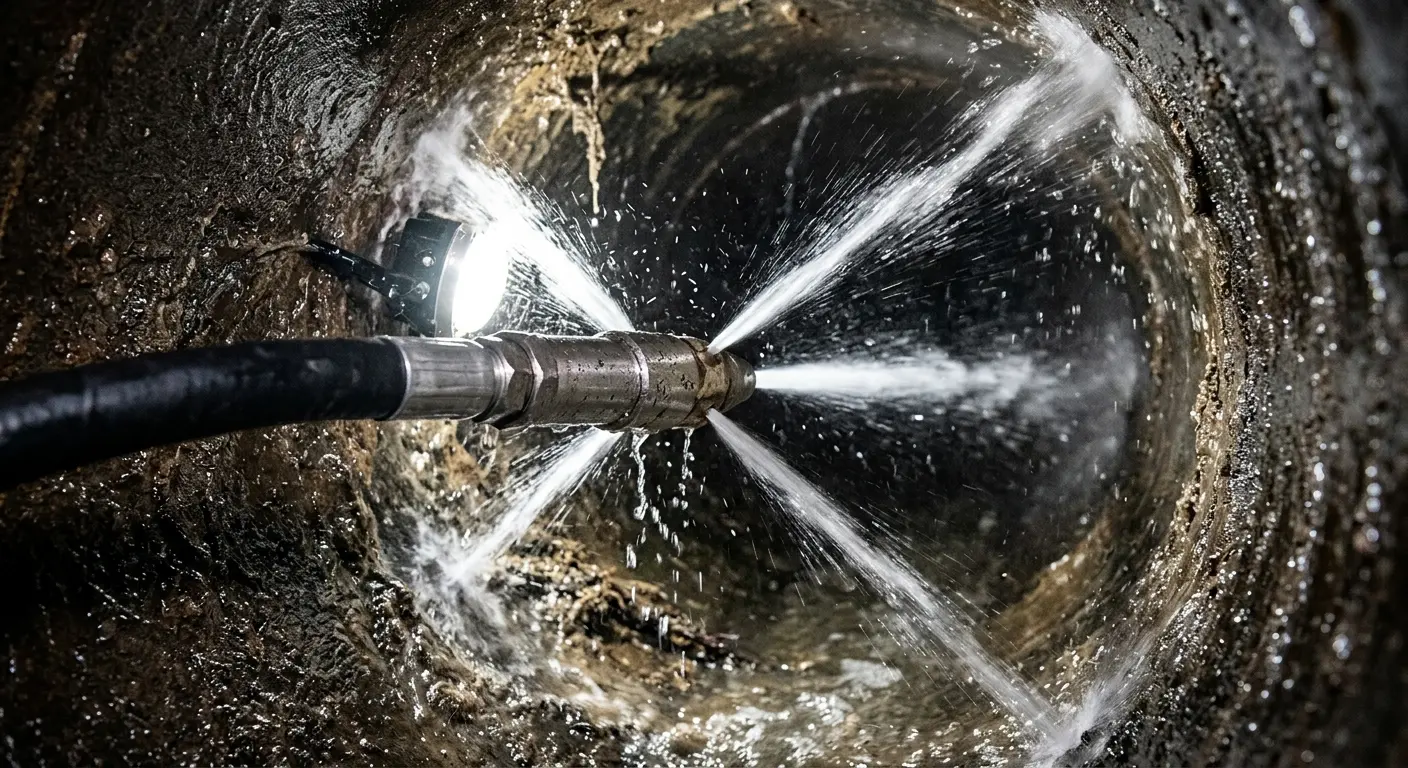 High-pressure hydro jetting nozzle cleaning sewer pipe for Emergency Drain Service in Manchester