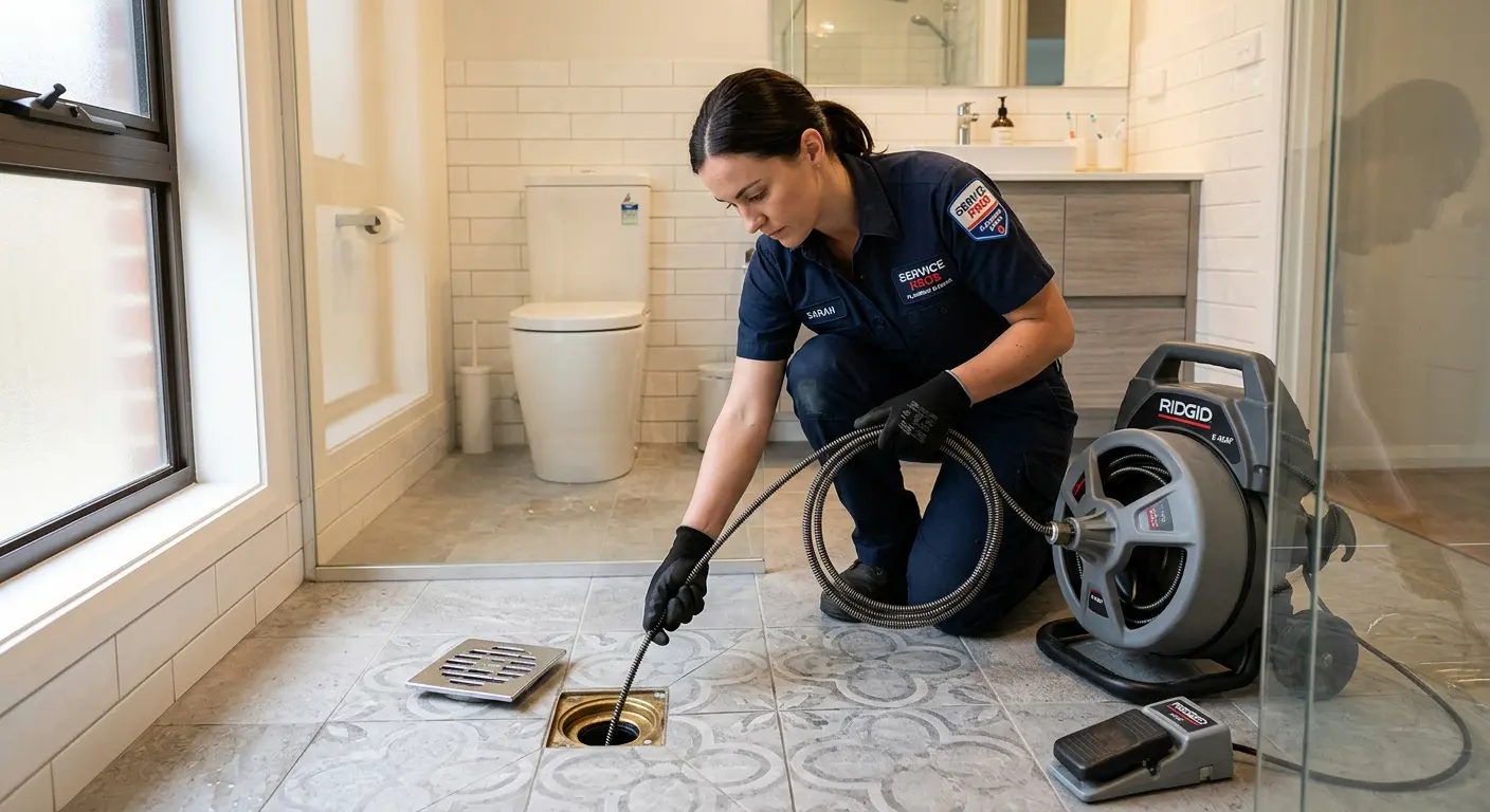 Technician clearing a bathroom floor drain for Drain Cleaning in Manchester